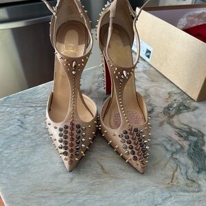 Christian Louboutin Tan and Gold T-Strap Heels